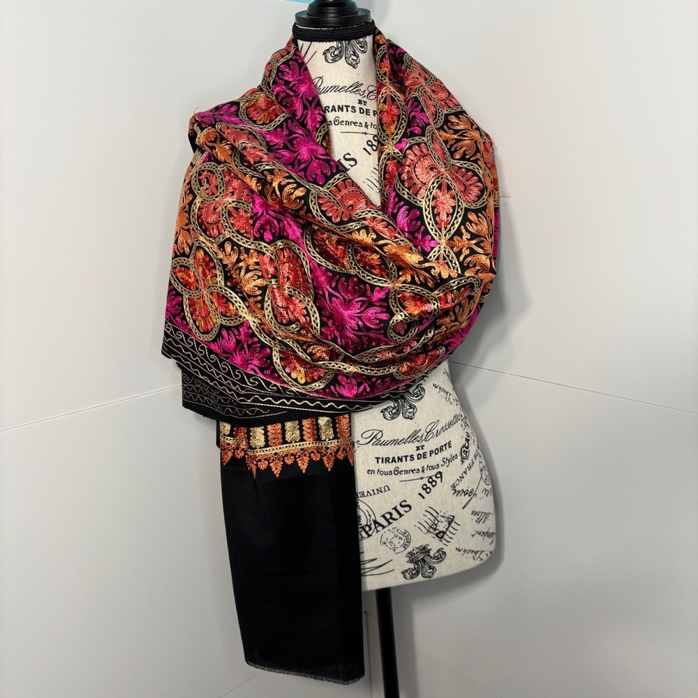 Handwoven Embroidered Pashmina Wool Black Scarf Shawl Pink Orange Gold Stitching